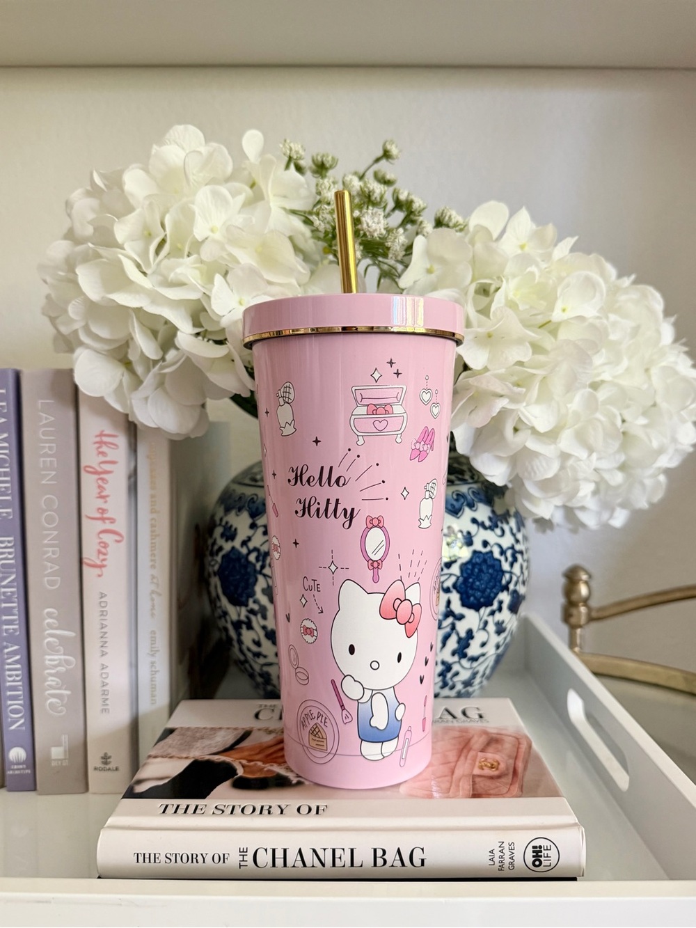 Hello Kitty Pink Gold Trim Tumbler with Straw